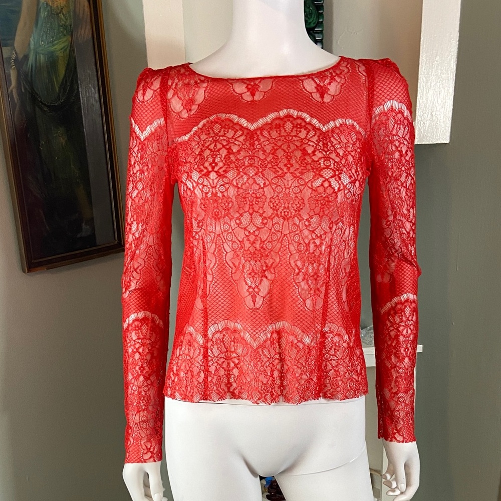 Joe's Jeans Red Lace Sheer Long Sleeve Zip Top Shirt Blouse XSmall XS Romantic